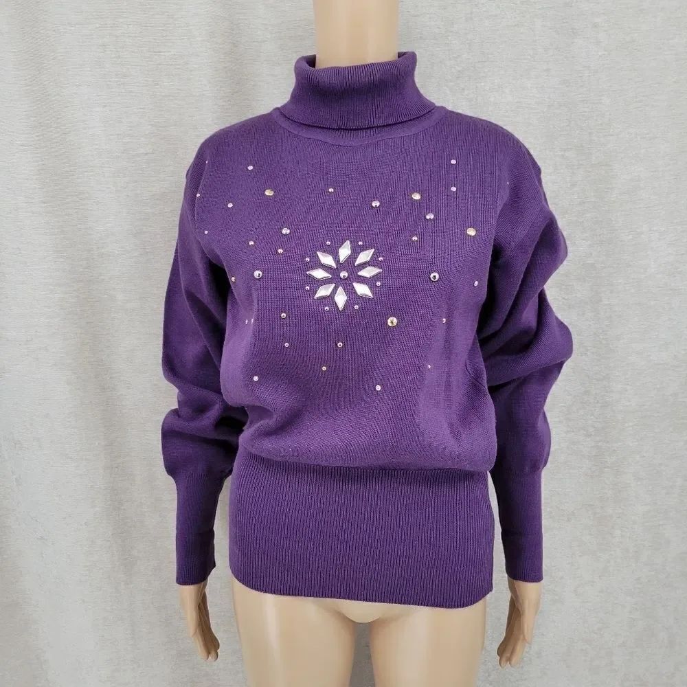 Kaelin 80s Purple Embellished Turtleneck Sweater Cinched Waist Vintage Women's - Picture 2 of 13
